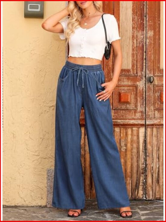 High Waisted Wide Leg Drawstring Jeans Loose Fit Denim Pants - Picture 4 of 7